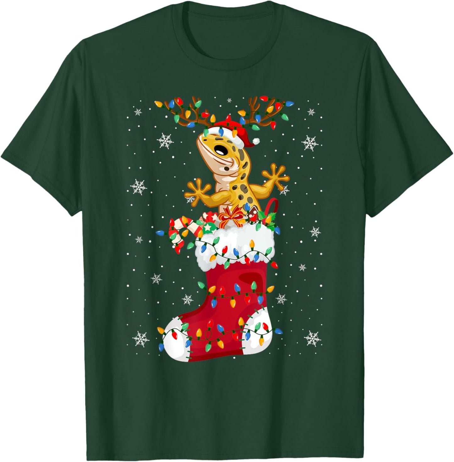 Santa Hat Leopard Gecko Animal In Socks Xmas Tree Lights T-Shirt - T-Shirt | Forest