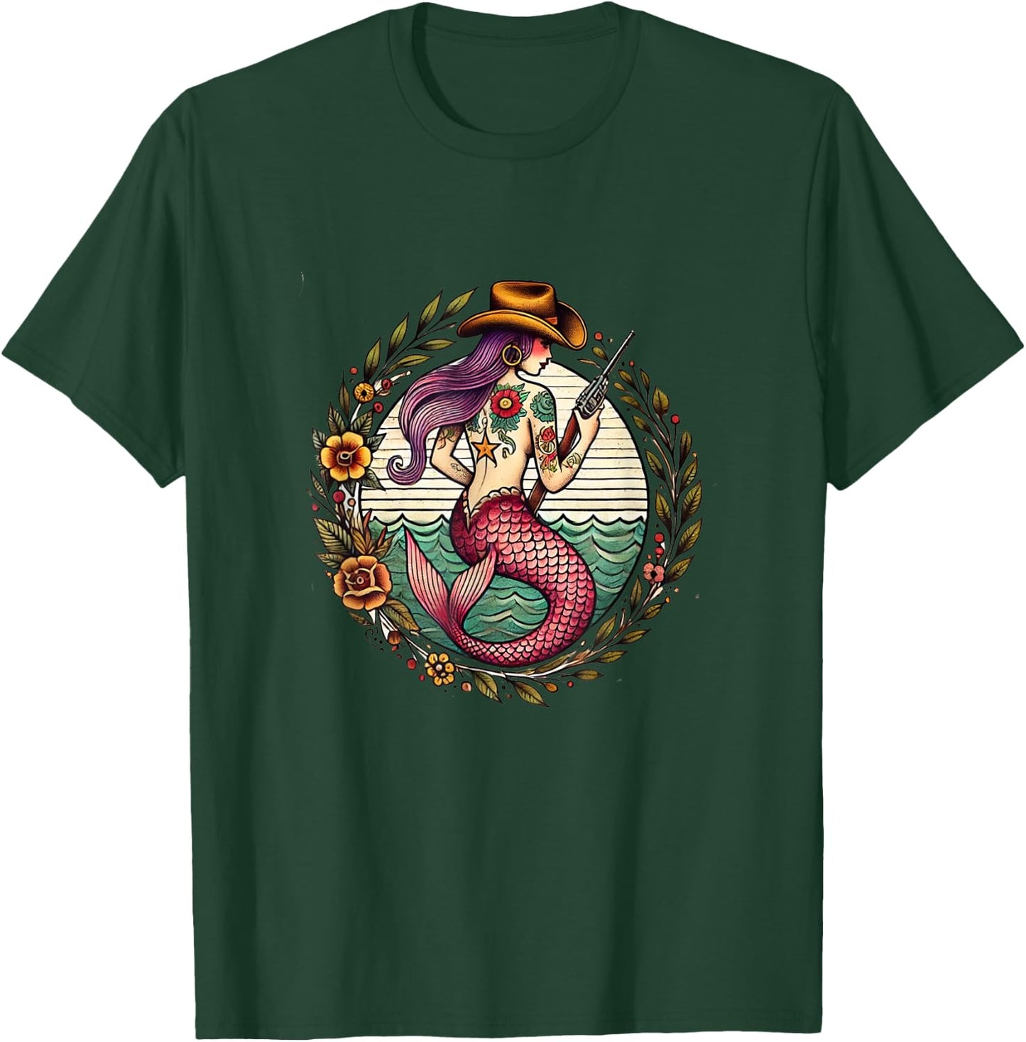 Art Nouveau Cowgirl Mermaid illustration T-Shirt - T-Shirt | Forest