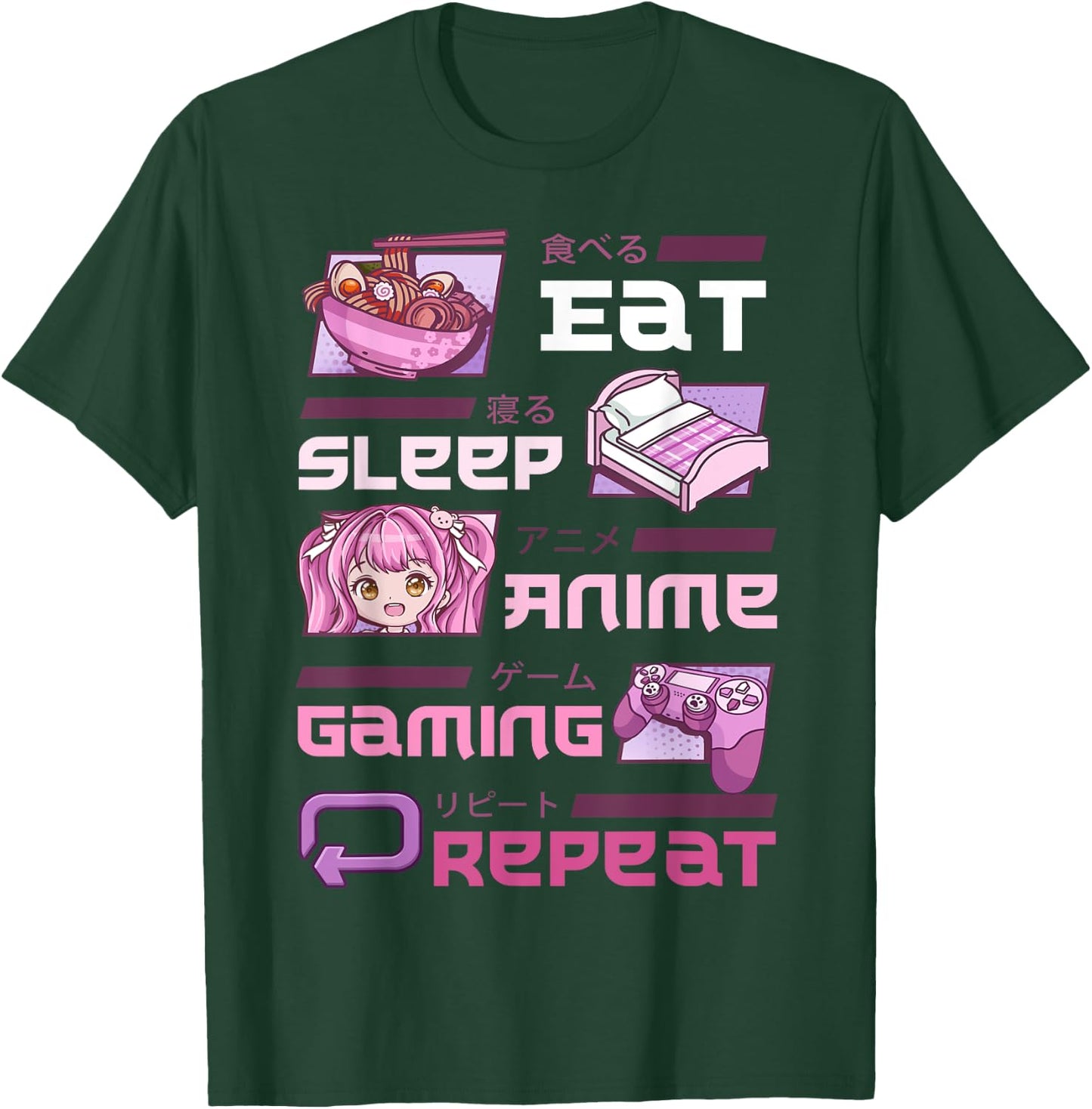 Gamer Gaming Video Games Funny Eat Sleep Anime Gaming Repeat T-Shirt - T-Shirt | Forest