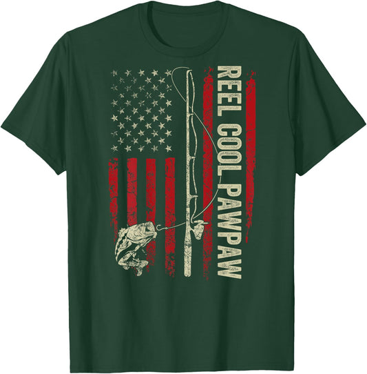 Reel Cool Pawpaw Fishing American Flag Patriotic (On Back) T-Shirt - T-Shirt | Forest