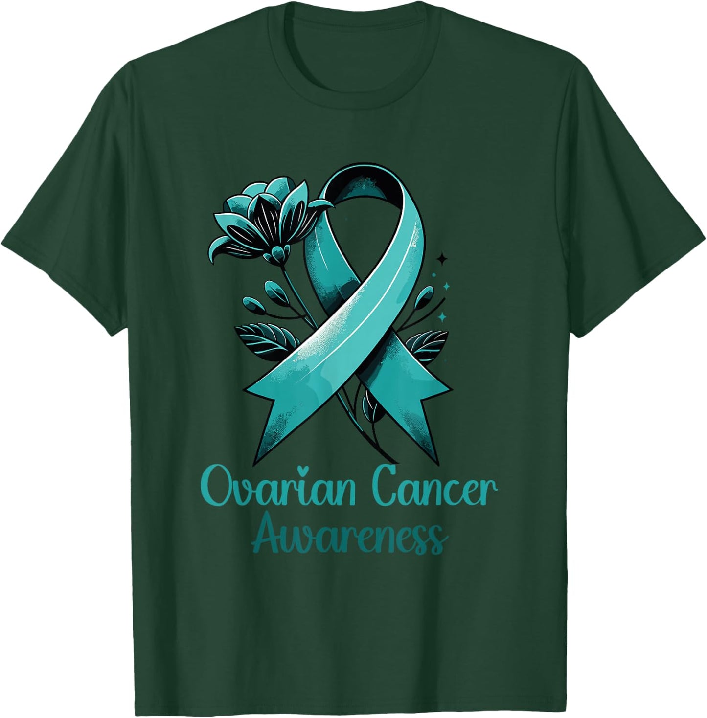 Elegant Teal Ribbon for Ovarian Cancer Awareness T-Shirt - T-Shirt | Forest