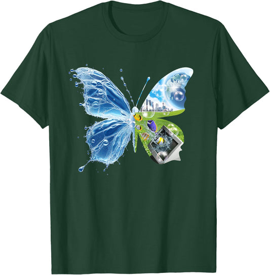 Frutiger Aero Aesthetic Butterfly Computer Fishes Scenery T-Shirt - T-Shirt | Forest