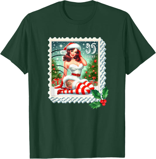 Vintage Christmas Stamp Holiday Pin Up Girl Design T-Shirt - T-Shirt | Forest