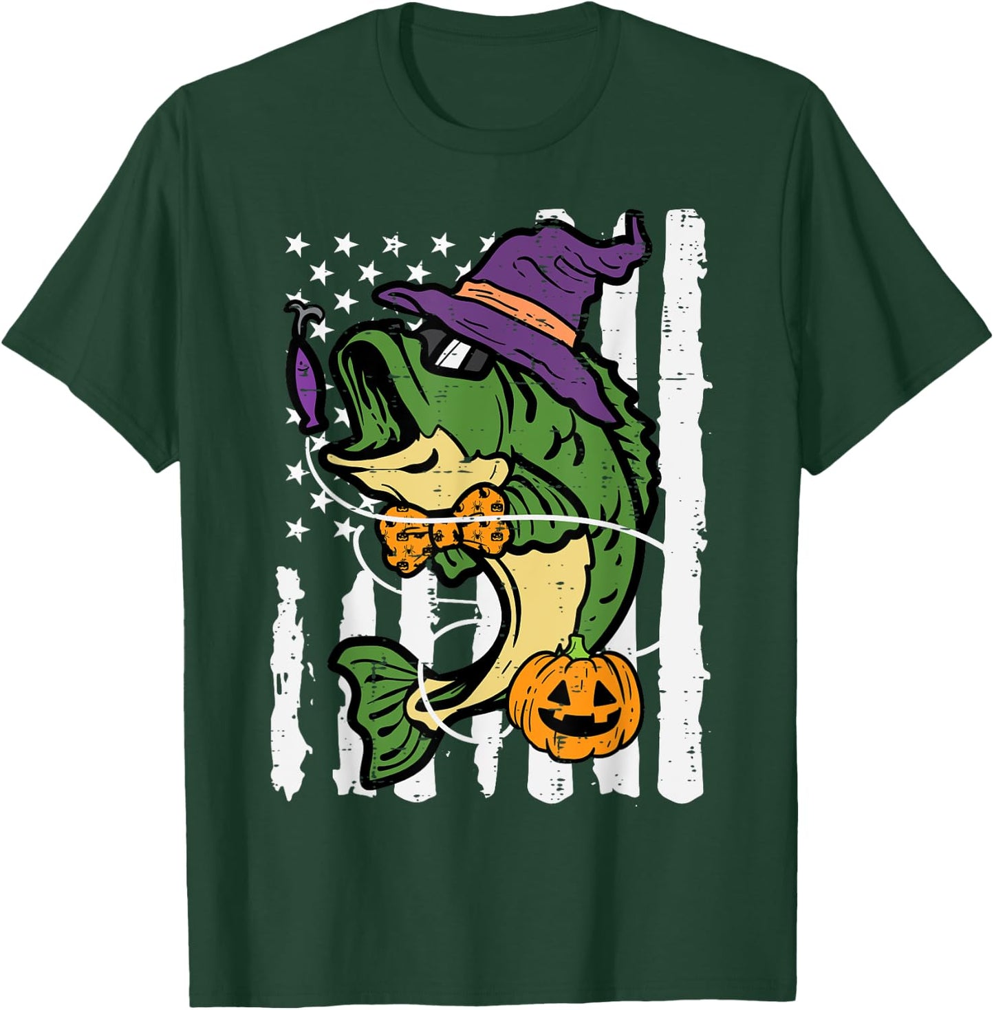 Halloween Bass Fish US Flag Costume Patriot Men Kids Women T-Shirt - T-Shirt | Forest