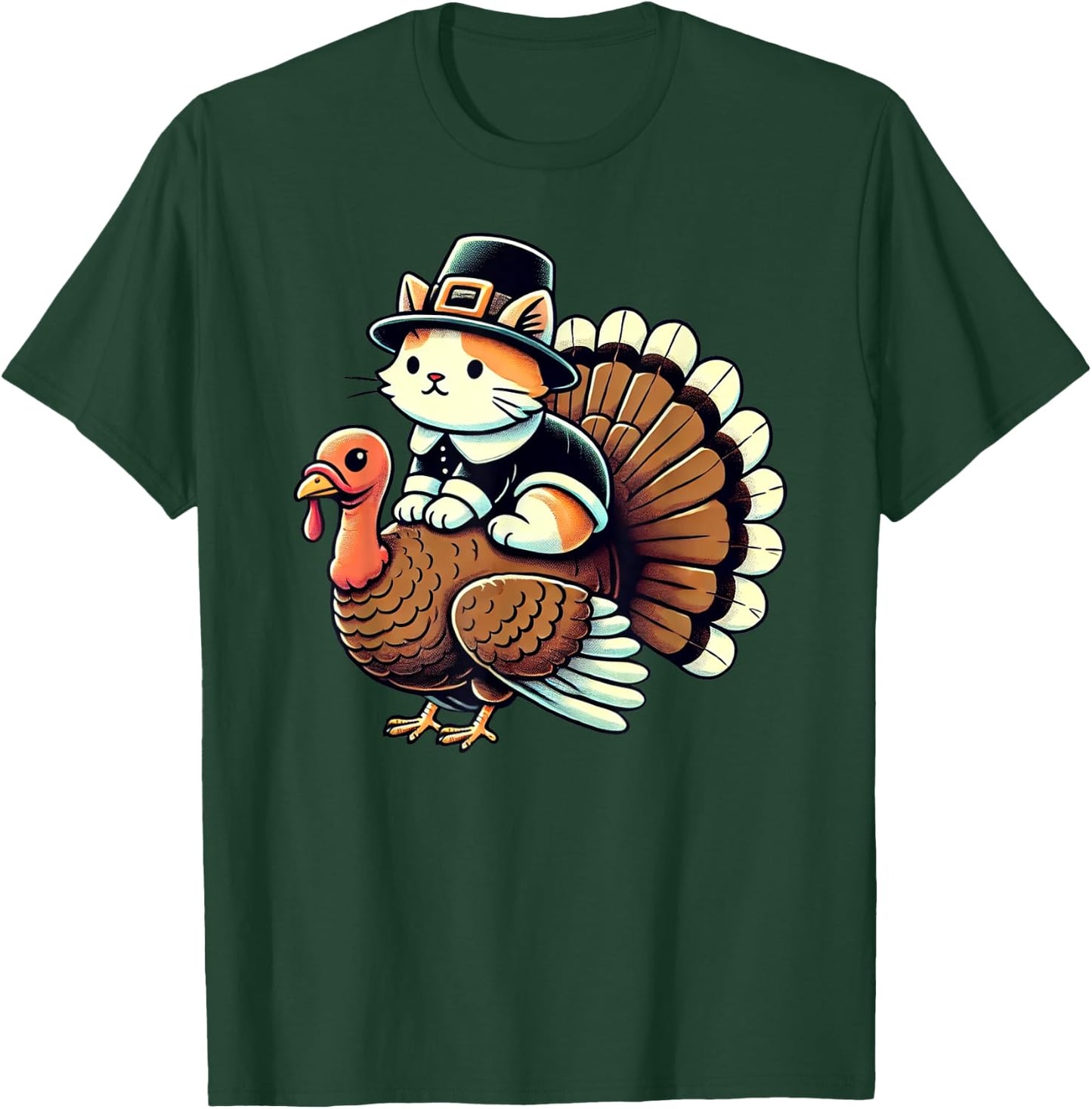 Pilgrim Cat Costume On Turkey Funny Thanksgiving Turkey T-Shirt - T-Shirt | Forest