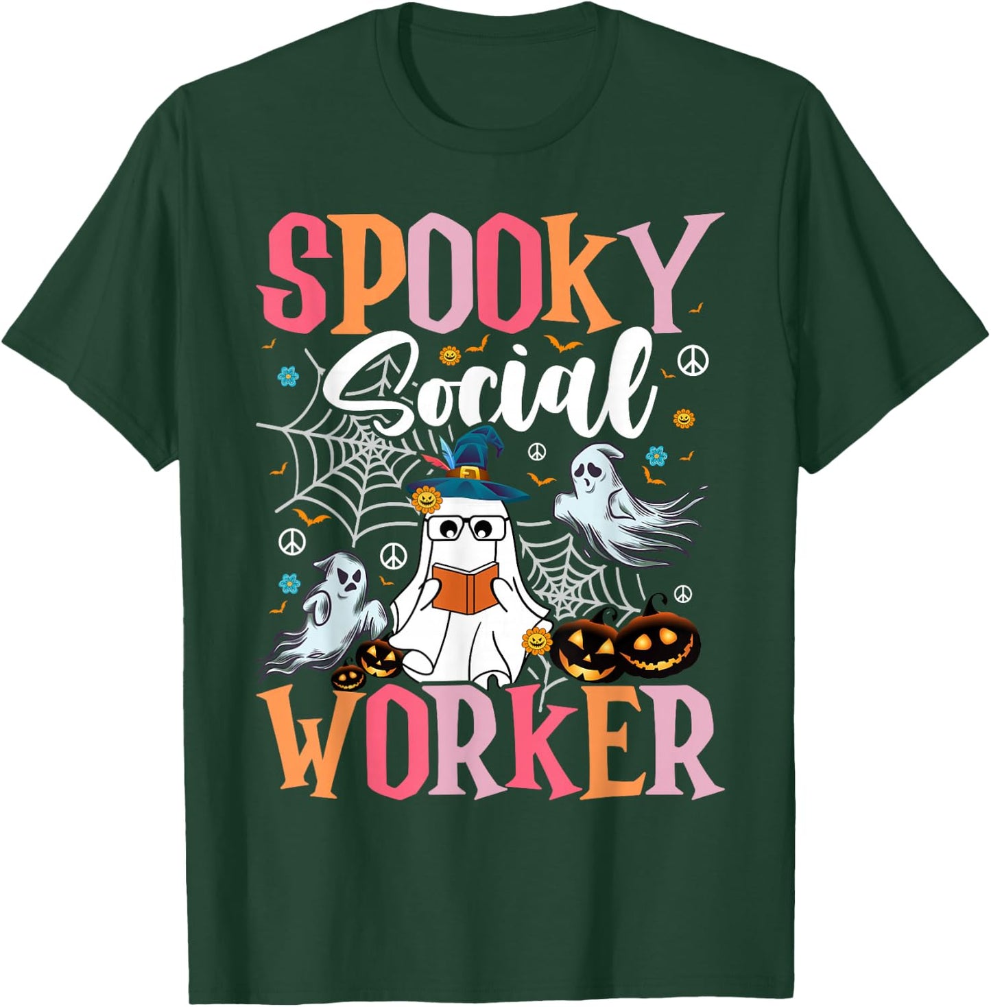 Groovy Retro Ghost Spooky Social Worker Halloween Costume T-Shirt - T-Shirt | Forest
