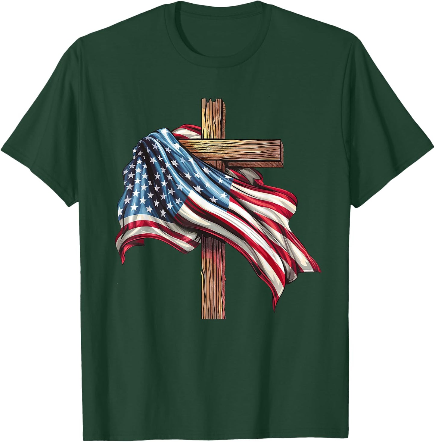 American Flag Cross for Patriotic USA Christians Distressed T-Shirt - T-Shirt | Forest