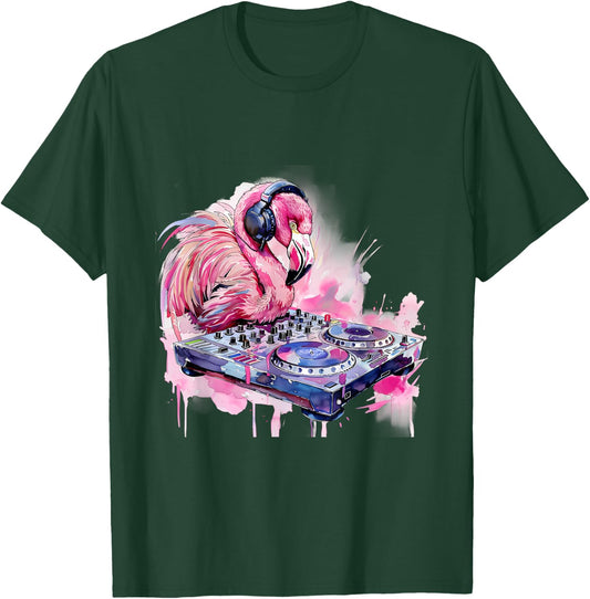 DJ Flamingo Bird Techno Dance Music Turntable DJ Flamingo T-Shirt - T-Shirt | Forest