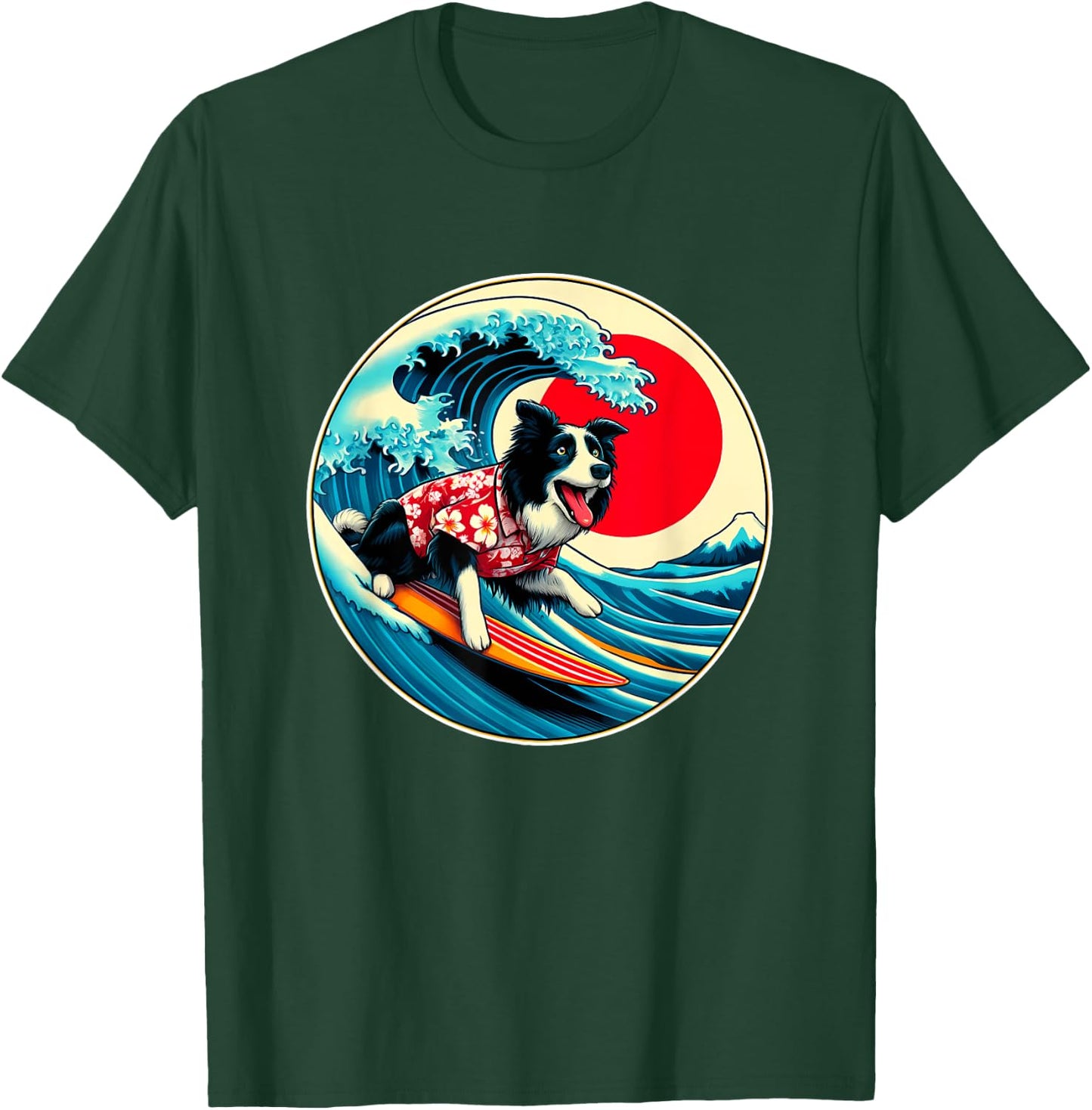 Great Wave Kanagawa Border Collie dog Surfing Women Kids T-Shirt - T-Shirt | Forest