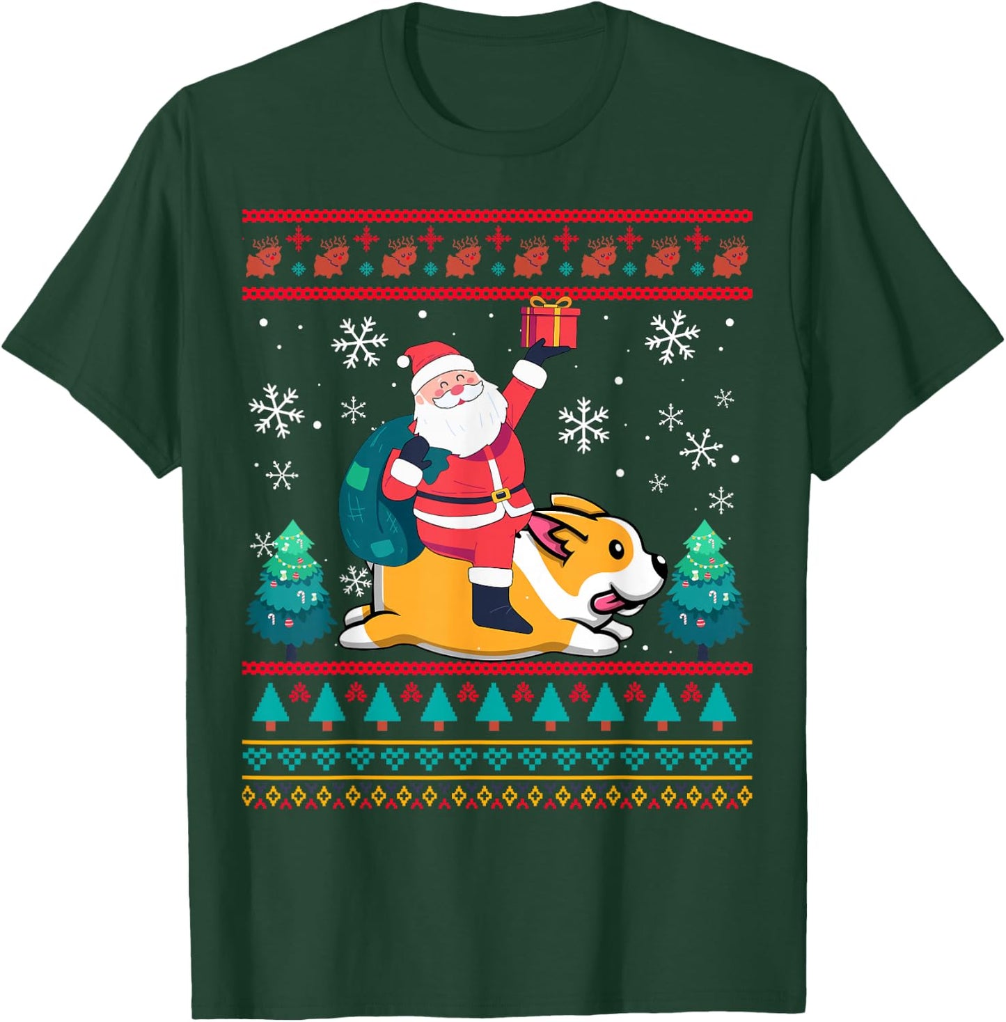 Xmas Sweater Ugly Santa Riding Corgi Dog Christmas Women Kids T-Shirt - T-Shirt | Forest