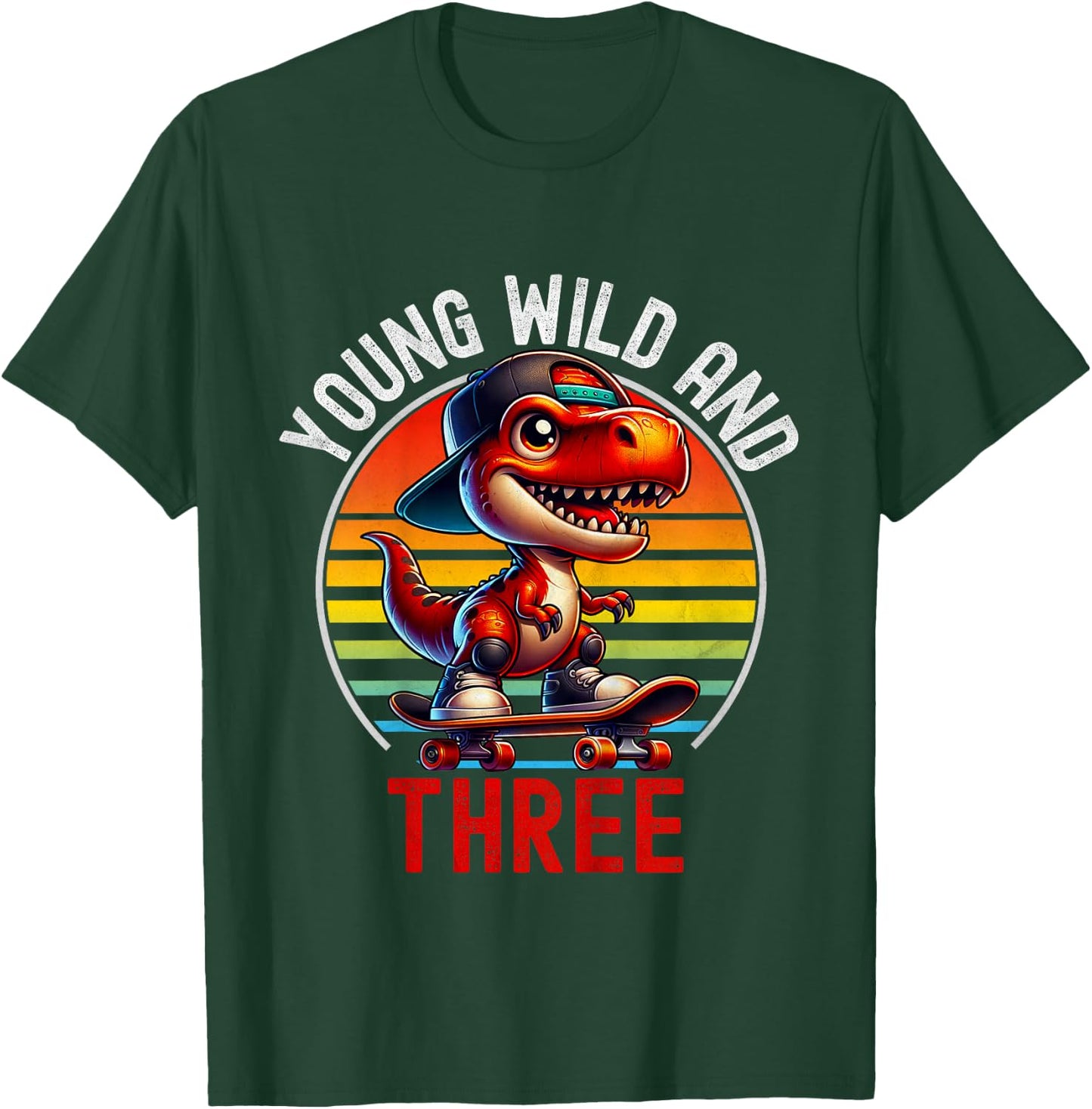 Kids Young Wild & Three T-Rex 3rd Birthday Retro skater Dinosaur T-Shirt - T-Shirt | Forest