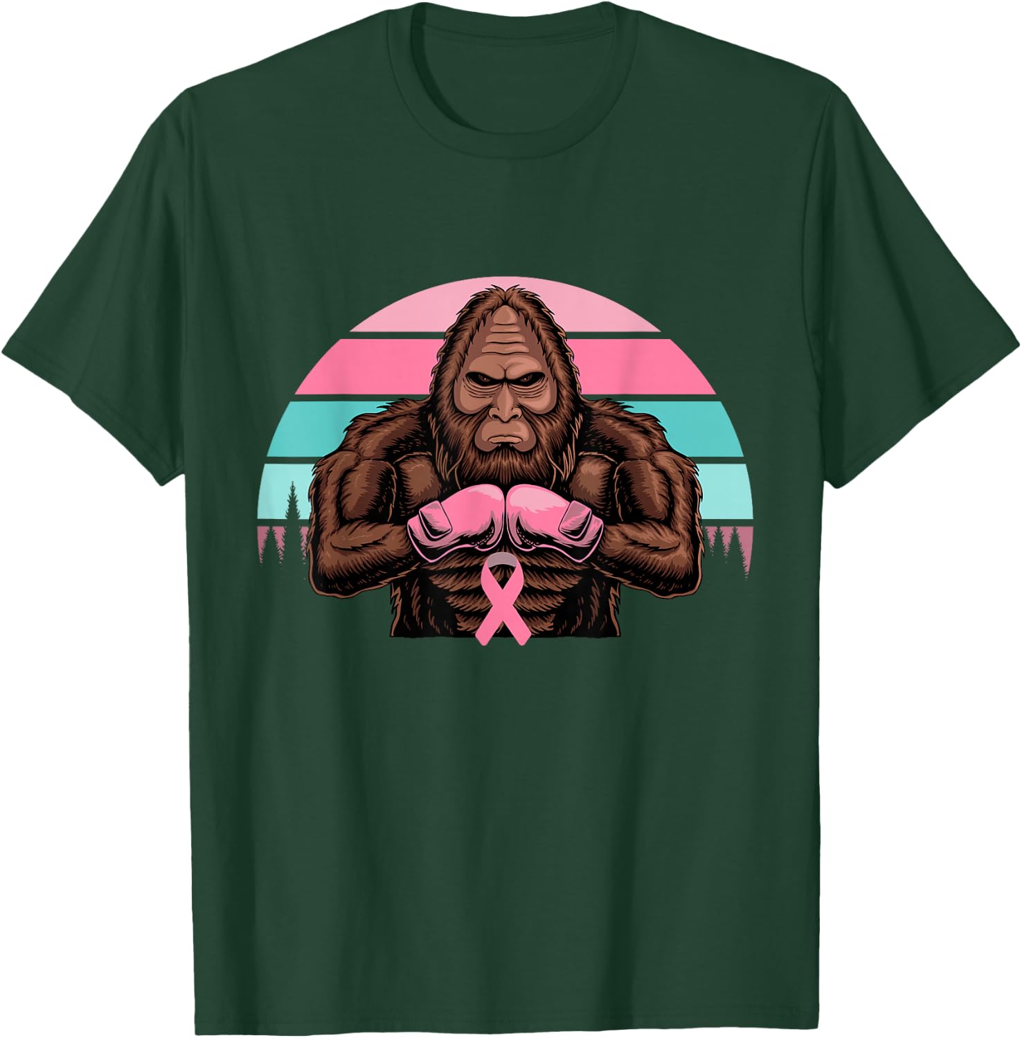 Bigfoot Boxing Pink Ribbon Breast Cancer Awareness Retro T-Shirt - T-Shirt | Forest