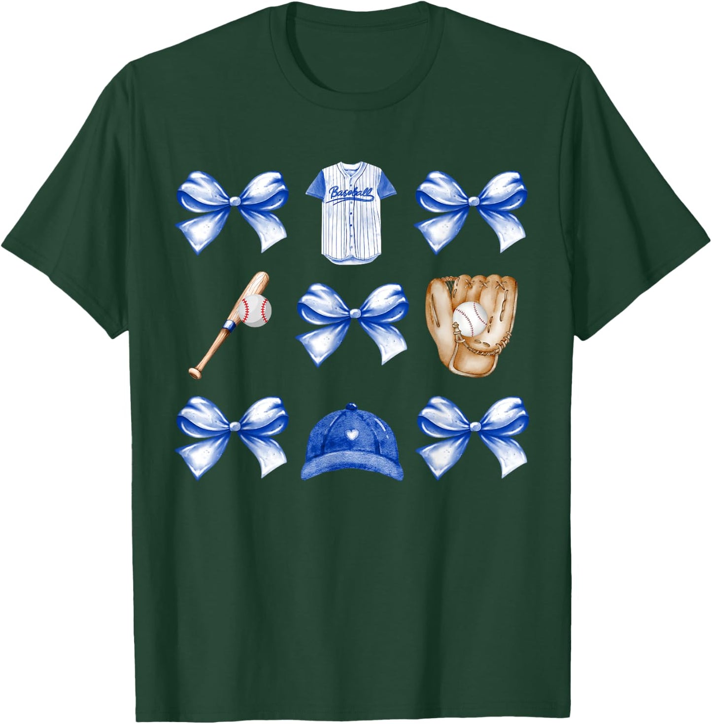Baseball Game Day Blue Coquette Bow Baseball Mom Retro T-Shirt - T-Shirt | Forest