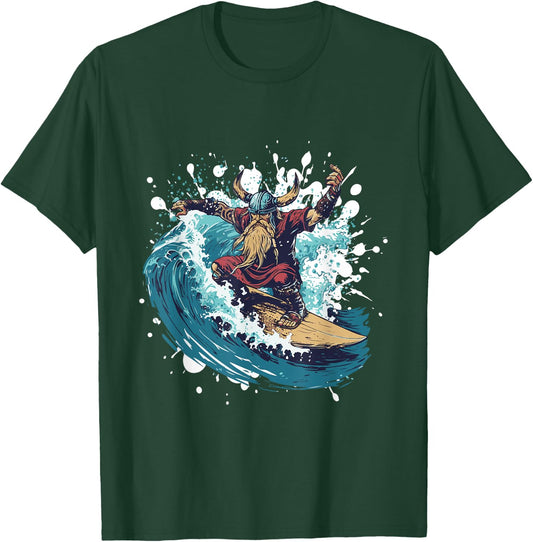 Viking On Surfboard | Odin Surfing T-Shirt - T-Shirt | Forest