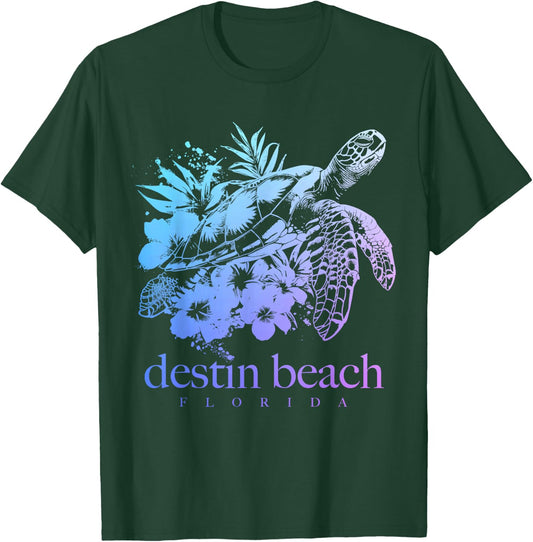 Destin Beach Florida Sea Turtle Flowers Surfer Souvenir T-Shirt - T-Shirt | Forest