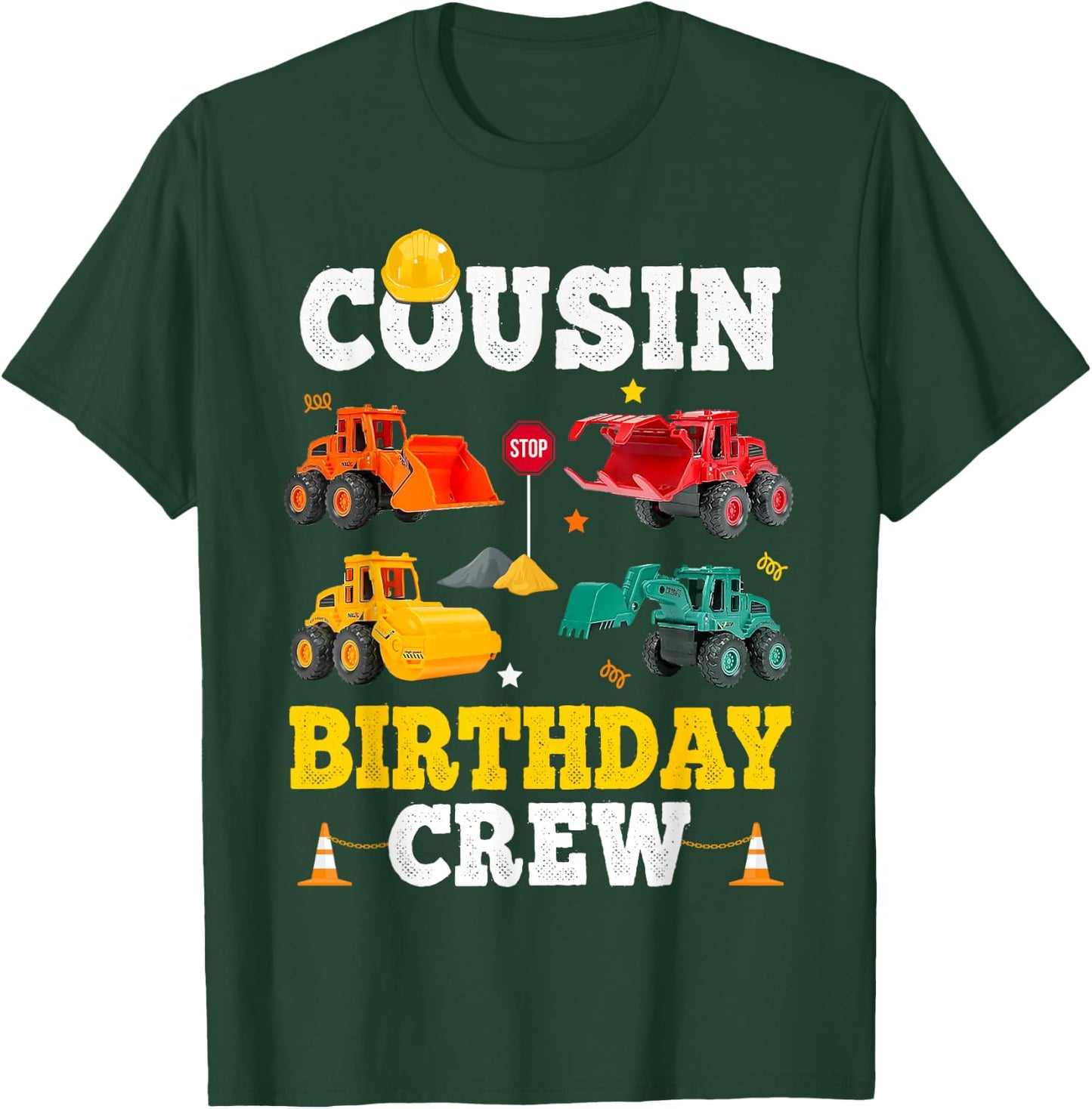 Cousin Birthday Crew Boy Construction Trucks Vehicles Kid T-Shirt - T-Shirt | Forest