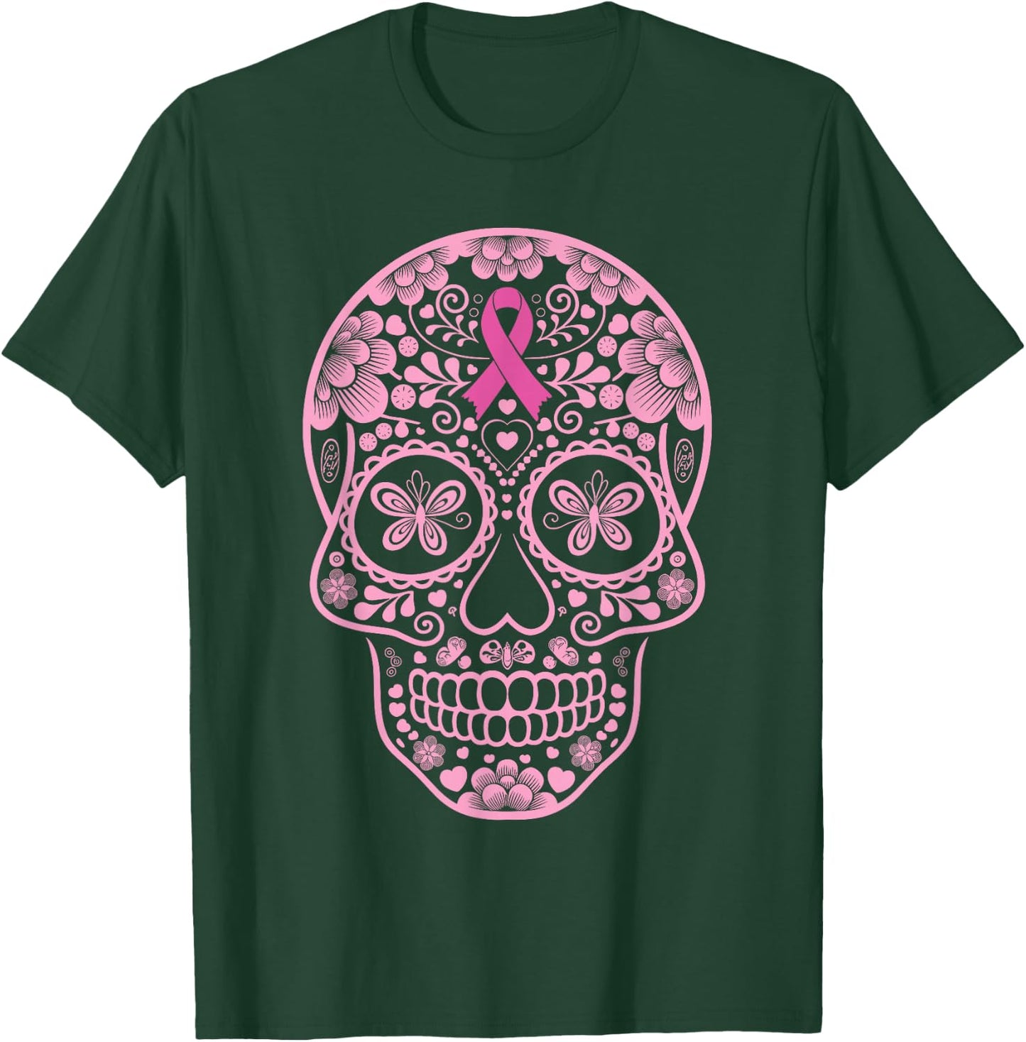 Sugar Skull Pink Ribbon Calavera Breast Cancer Awareness T-Shirt - T-Shirt | Forest