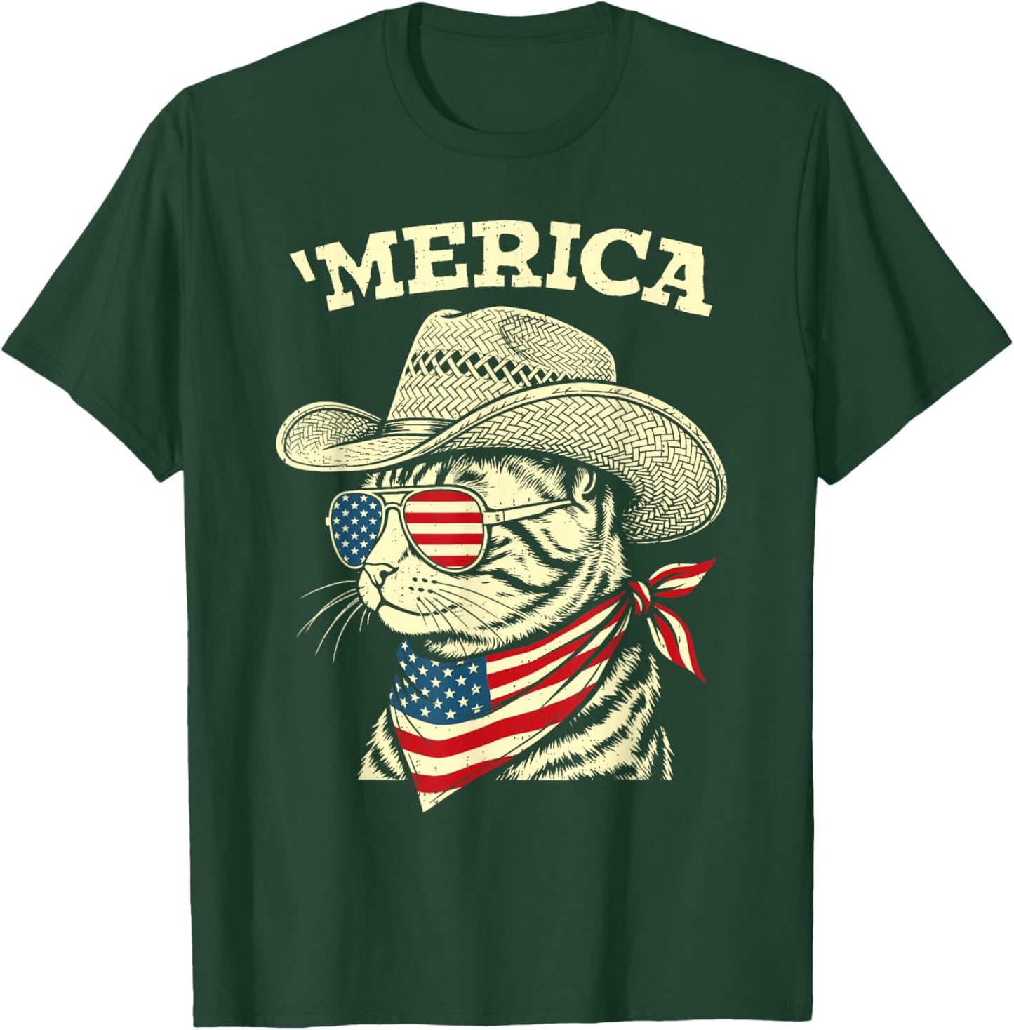 Funny USA Merica Cat 4th of July Patriotic America Men Women T-Shirt - T-Shirt | Forest