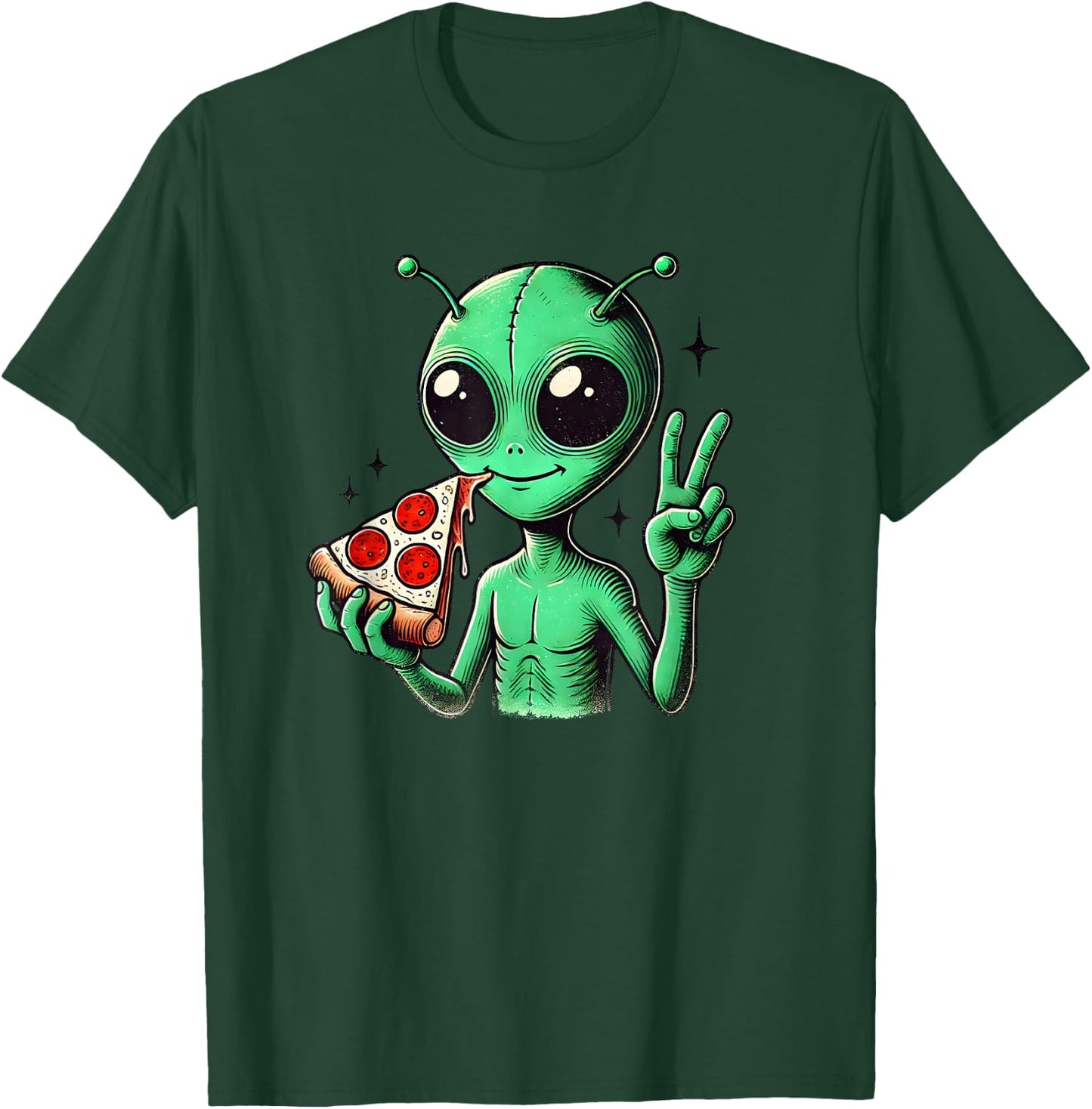 Funny Alien Head Eating Pizza UFO Extraterrestrial T-Shirt - T-Shirt | Forest