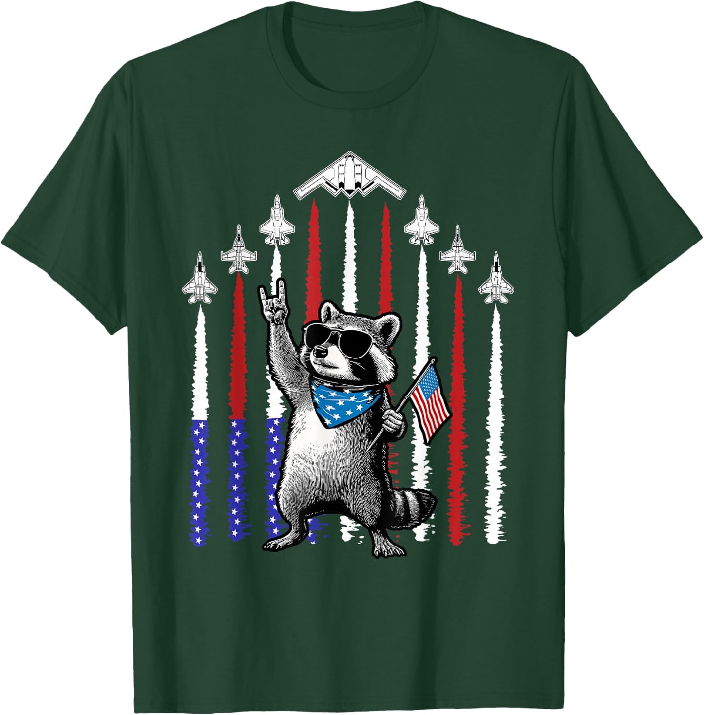 4th of July USA Flag Fighter Jets Raccoon Funny Patriotic T-Shirt - T-Shirt | Forest