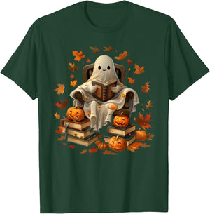 Vintage Ghost Book Reading Pumpkin Gothic Halloween Teachers Men Women Kids T-Shirt - T-Shirt | Forest