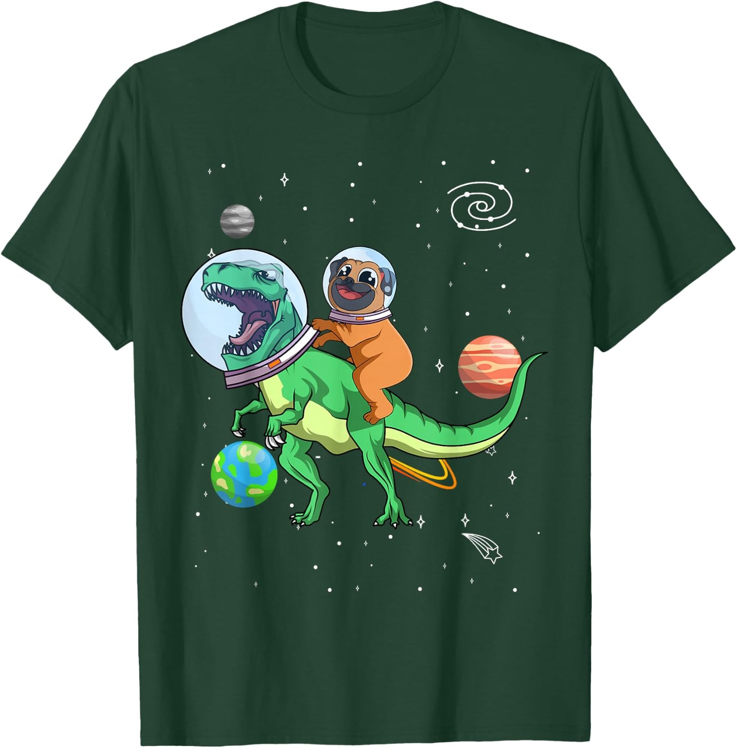 T-Rex Dinosaur In the Outer Space Astronaut Dog Pug Women Kids T-Shirt - T-Shirt | Forest
