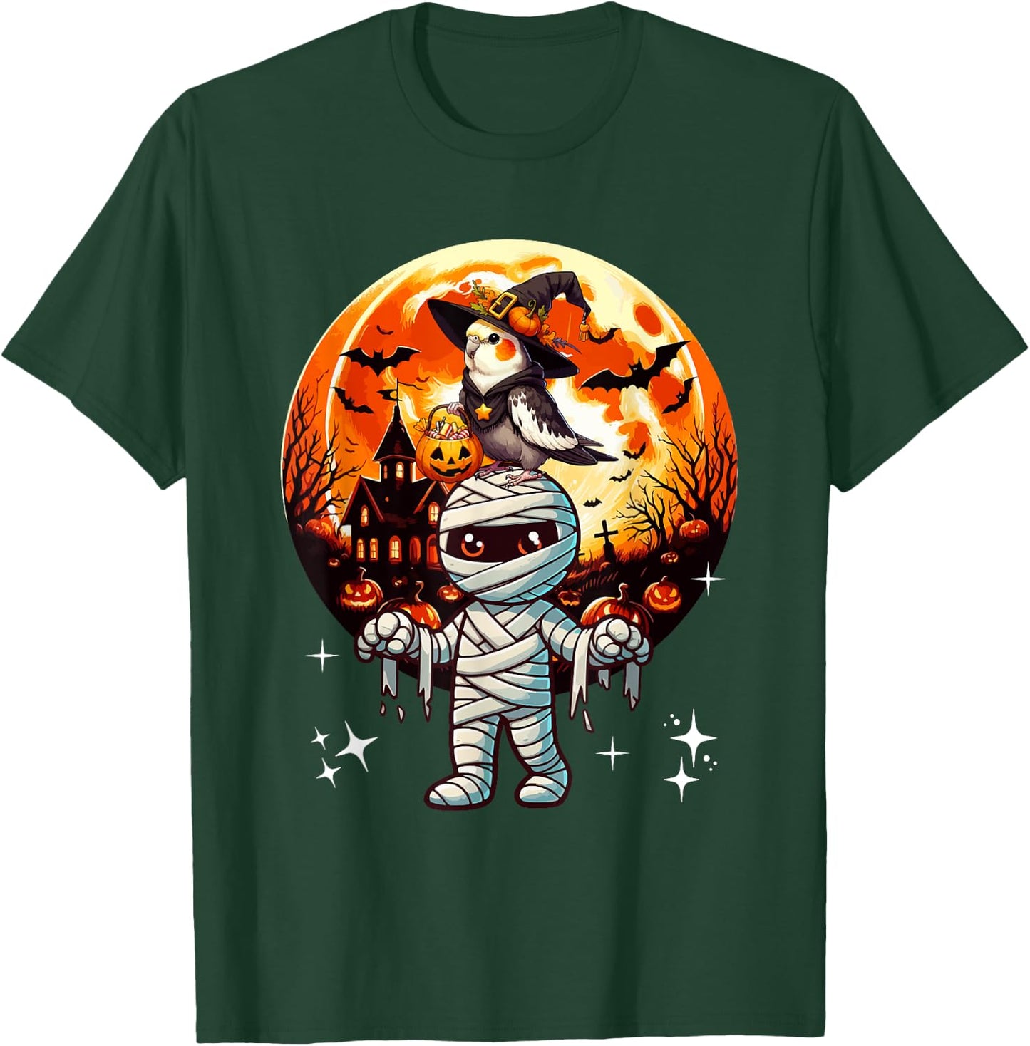 Cockatiel As Witch On Mummy Halloween Candies Basket Pumpkin T-Shirt - T-Shirt | Forest