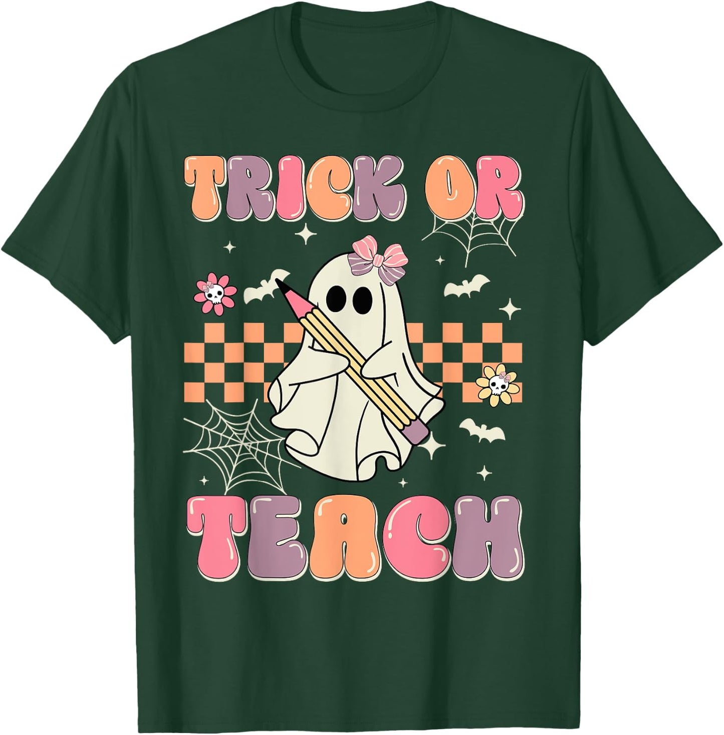 Funny Halloween Teachers Trick Or Teach Groovy Ghost Women Kids T-Shirt - T-Shirt | Forest