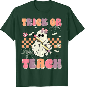 Funny Halloween Teachers Trick Or Teach Groovy Ghost Women Kids T-Shirt - T-Shirt | Forest