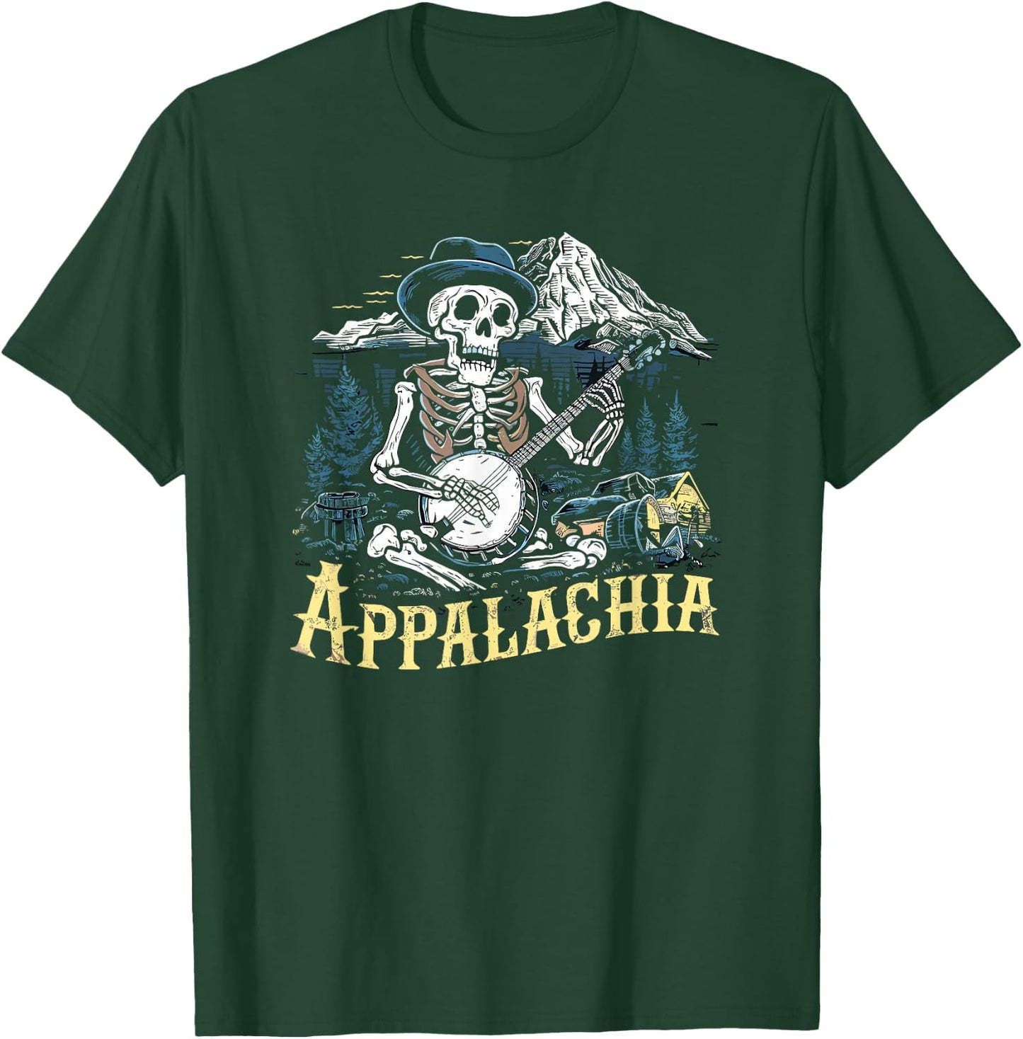 Bluegrass Banjo Skeleton, Appalachia Country Bluegrass Music T-Shirt - T-Shirt | Forest