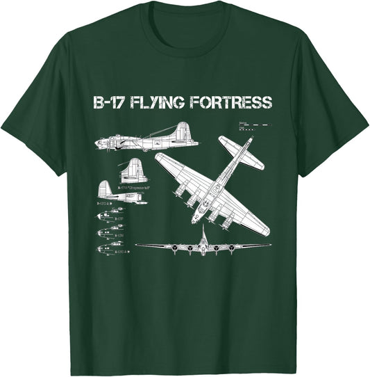 B-17 Flying Fortress WW2 Heavy Bomber Aircraft Blueprint T-Shirt - T-Shirt | Forest