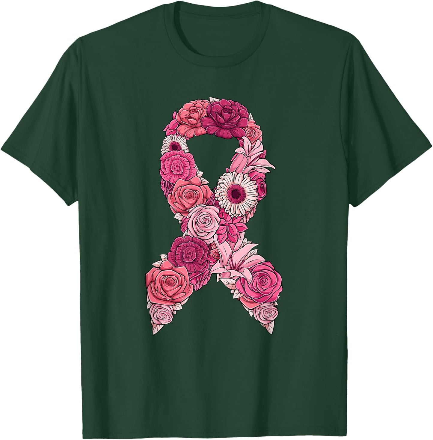 Pink Ribbon With Flowers Breast Cancer Awareness T-Shirt - T-Shirt | Forest