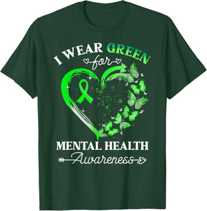 I Wear Green For Mental Health Awareness Butterfly Heart T-Shirt - T-Shirt | Forest