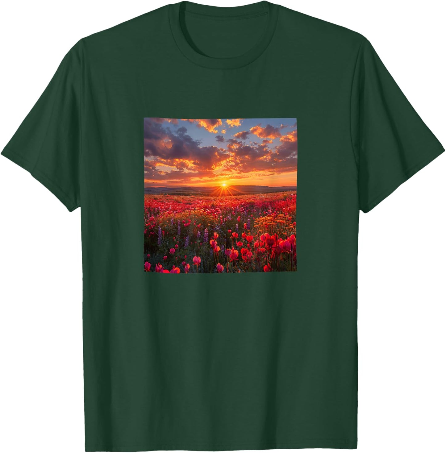 Bleeding Heart Flower Field Beautiful Sunset Graphic T-Shirt - T-Shirt | Forest