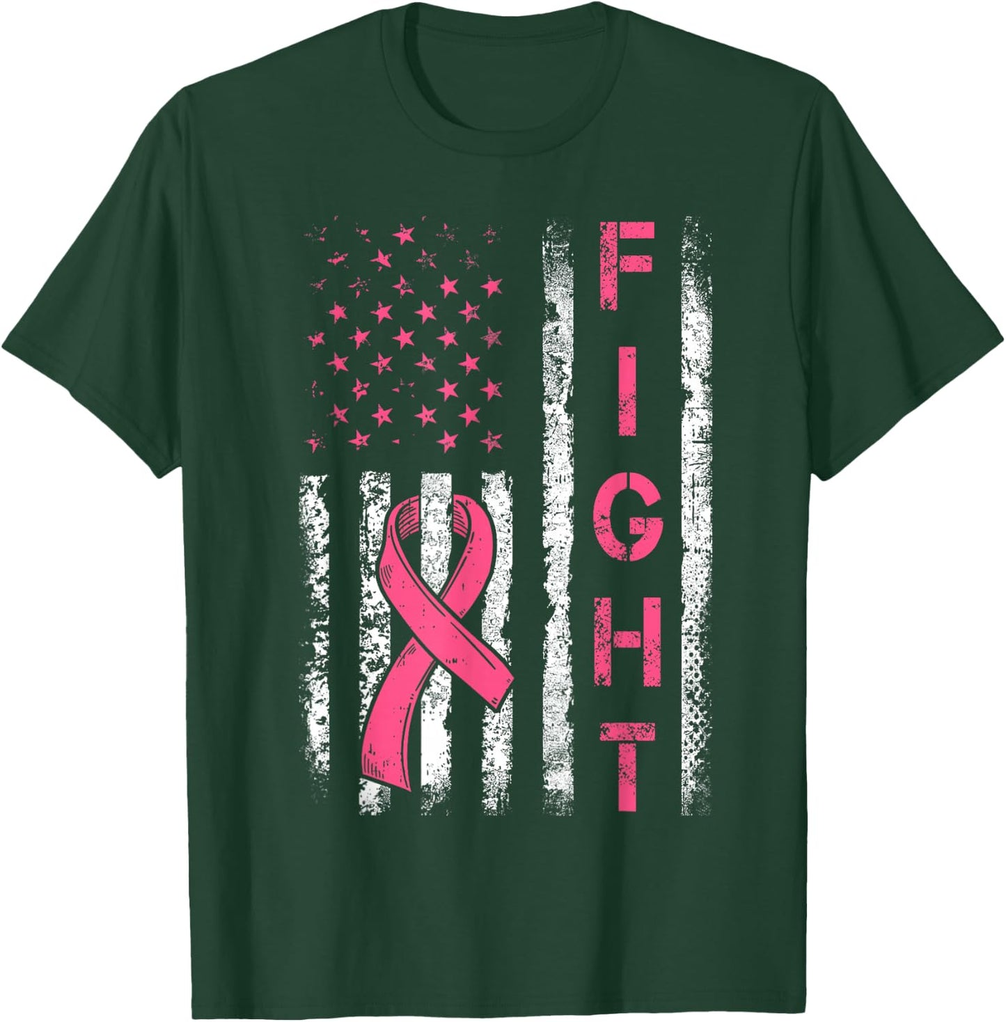 Fight Breast Cancer Awareness Pink Ribbon American Flag T-Shirt - T-Shirt | Forest