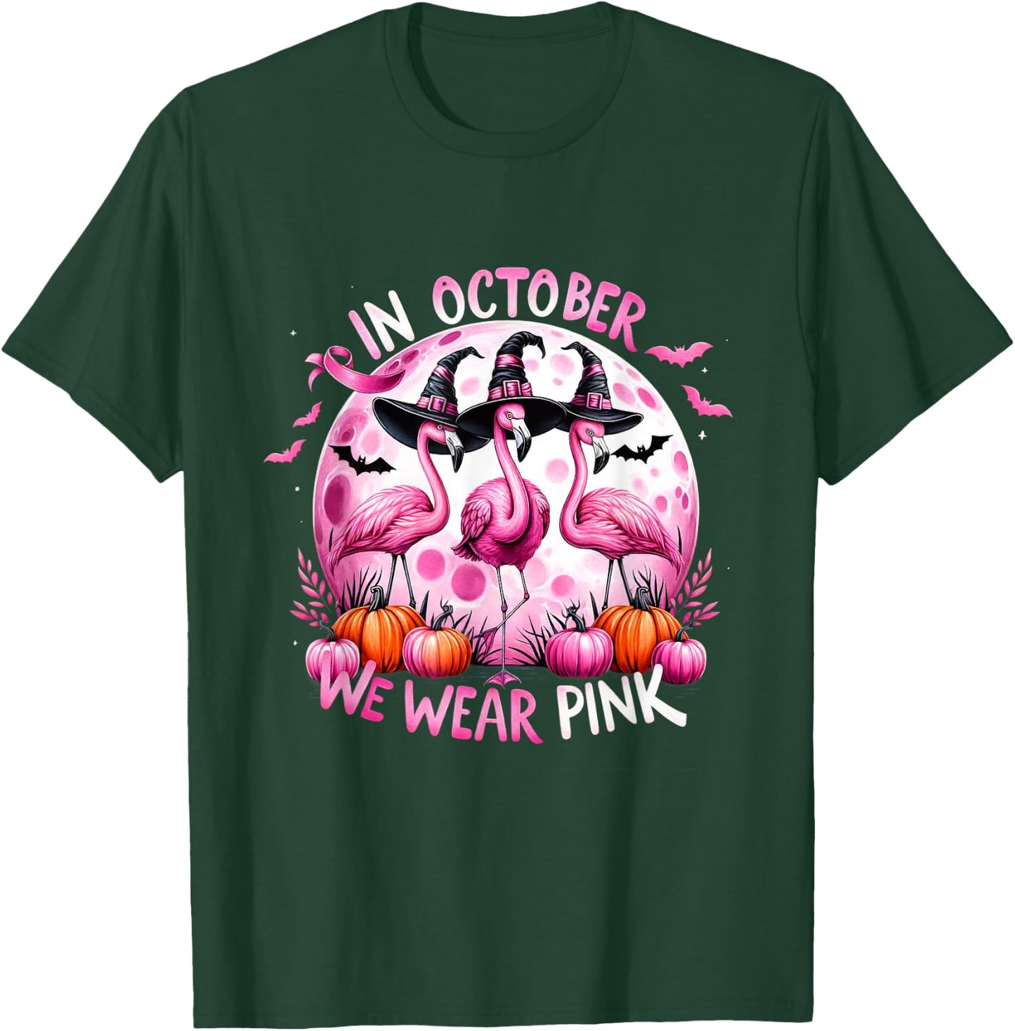 Flamingo In October We Wear Pink Breast Cancer Halloween T-Shirt - T-Shirt | Forest