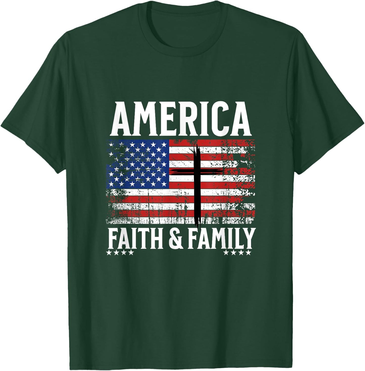 America Faith & Family Flag With Cross Patriotic 4th of July Kids Men T-Shirt - T-Shirt | Forest