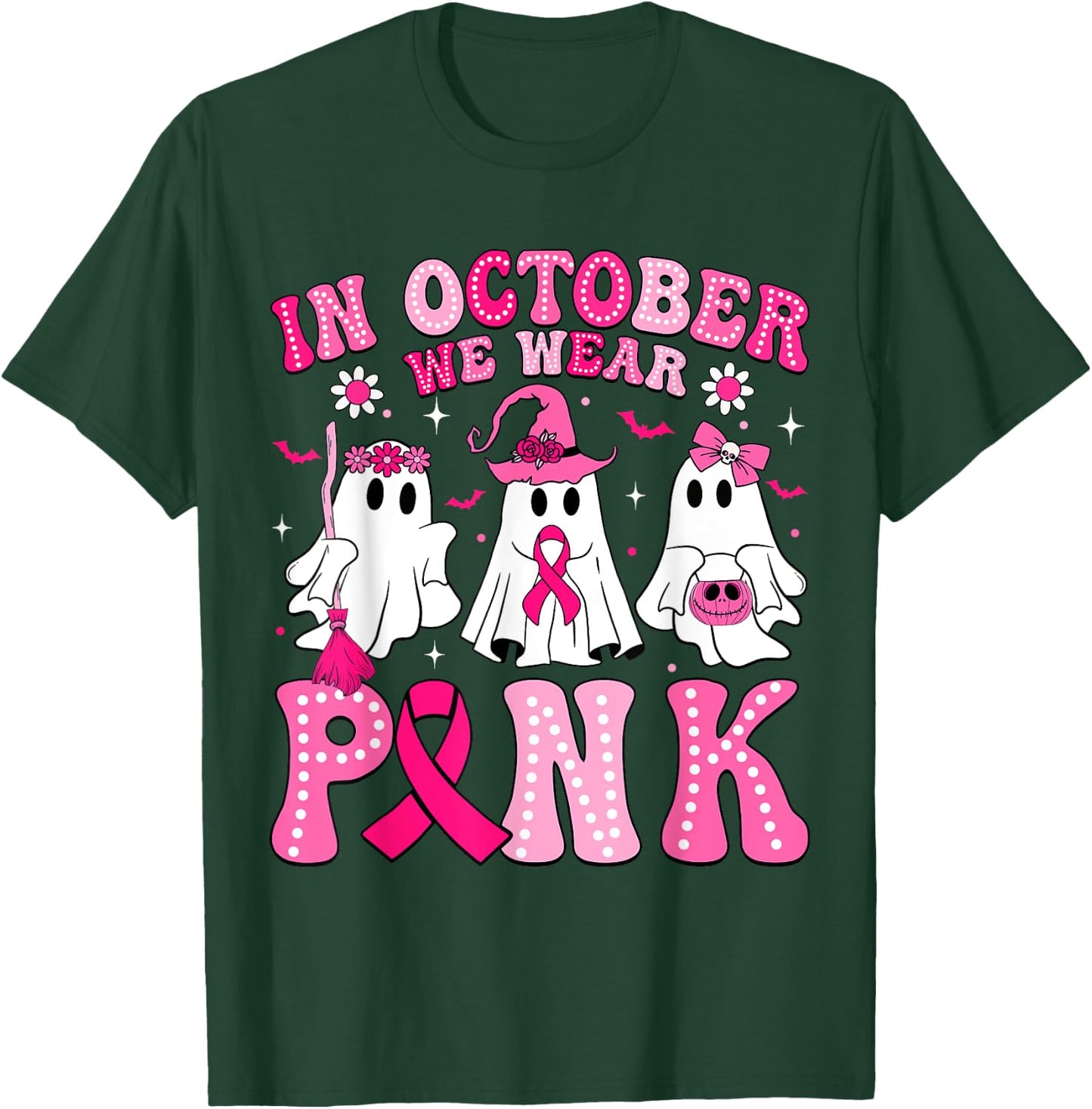 In October We Wear Pink Halloween Ghost Breast Cancer Women T-Shirt - T-Shirt | Forest