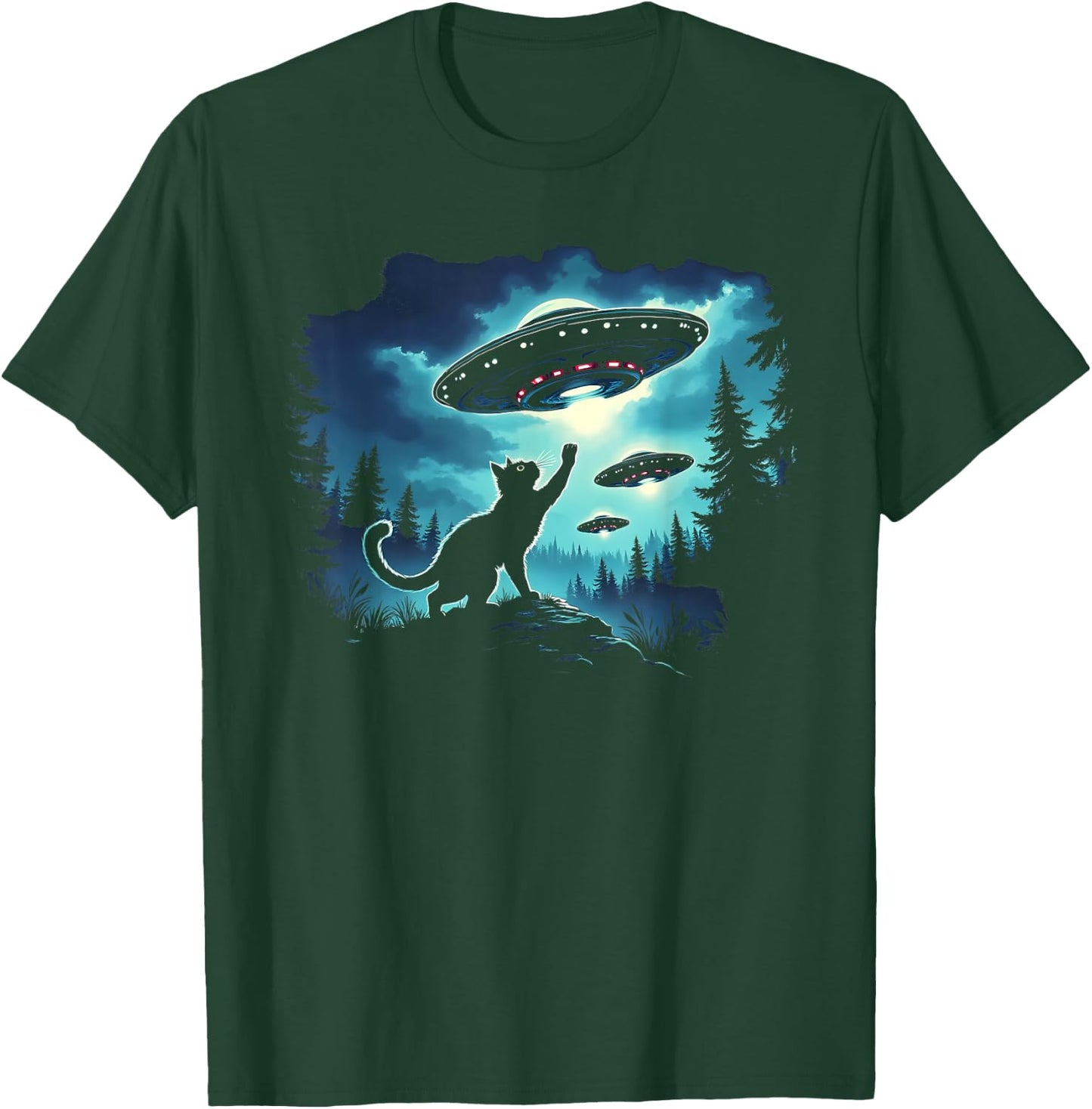 Alien Cat Playing With Ufo T-Shirt - T-Shirt | Forest