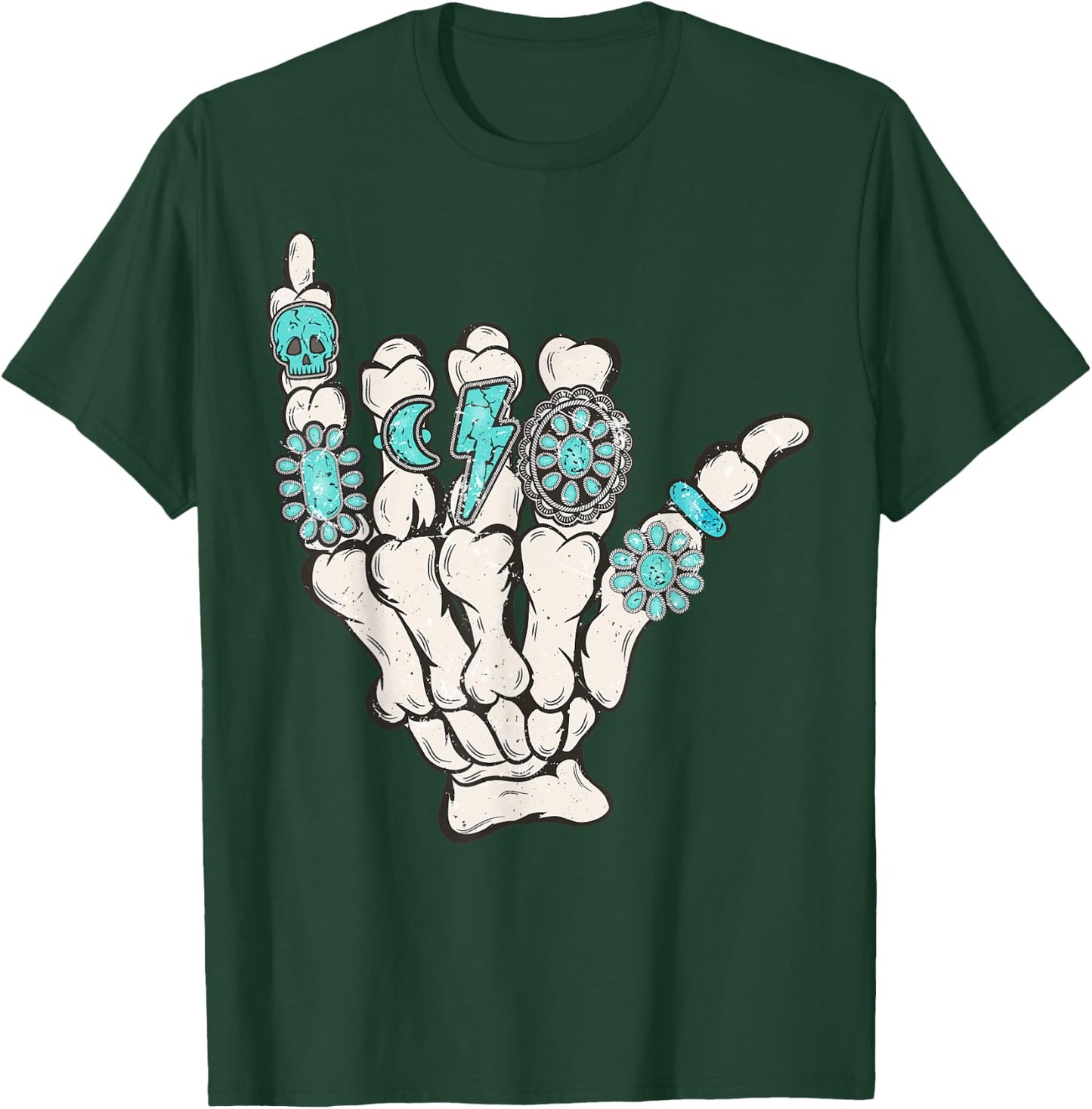 Skeleton Turquoise Hand Western Rodeo Cowboy Cowgirl T-Shirt - T-Shirt | Forest