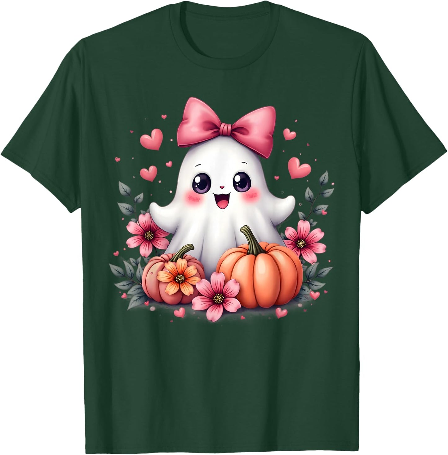 Cute Kawaii Ghost with Pink Bow Halloween Pumpkin Flowers T-Shirt - T-Shirt | Forest