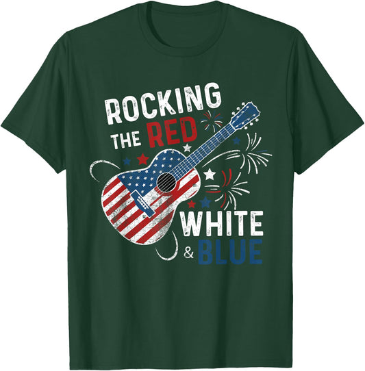 Rocking The Red White and Blue Guitar 4th Of July Musician T-Shirt - T-Shirt | Forest