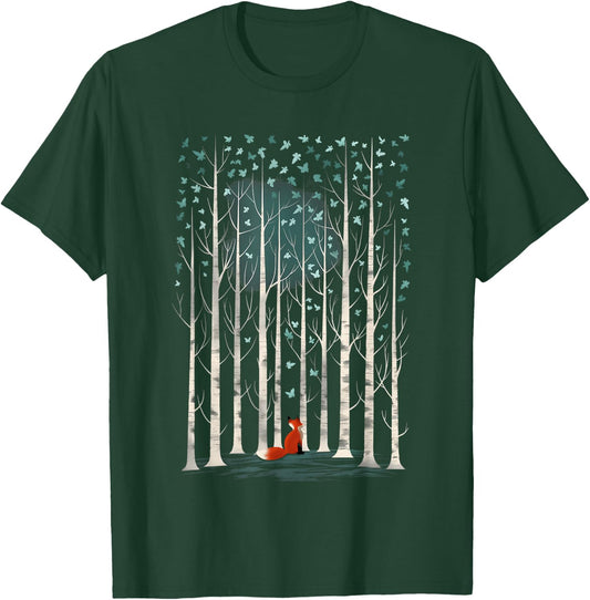 The Silent Observer: a fox in forest woods with birch trees T-Shirt - T-Shirt | Forest