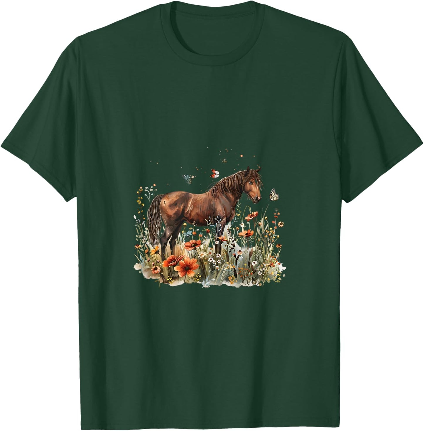Horse in Flower Meadow with Butterflies T-Shirt - T-Shirt | Forest