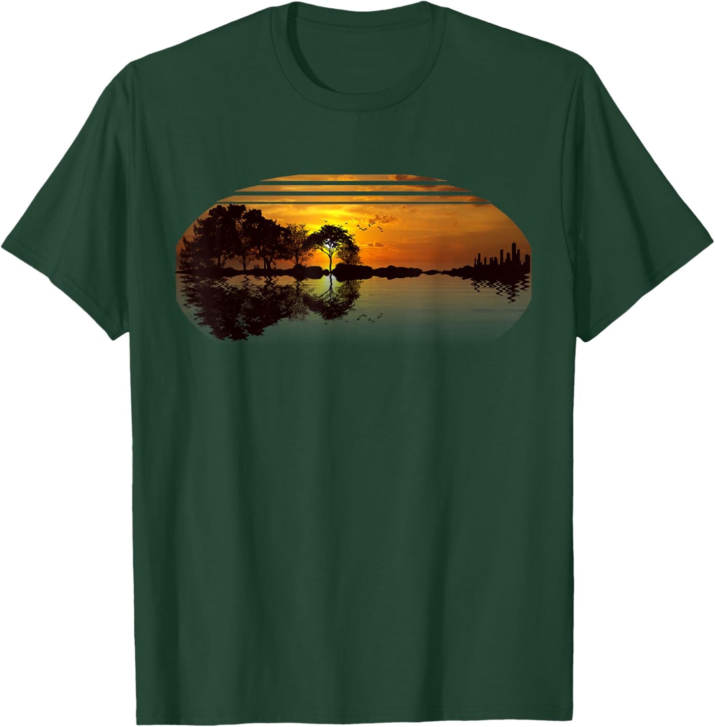 Guitar Sunset Sky Trees City Lake Reflection Stylish Design T-Shirt - T-Shirt | Forest