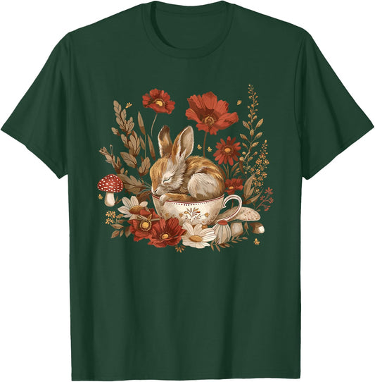 Rabbit Floral Bunny Cottagecore Aesthetic Tea Cup T-Shirt - T-Shirt | Forest