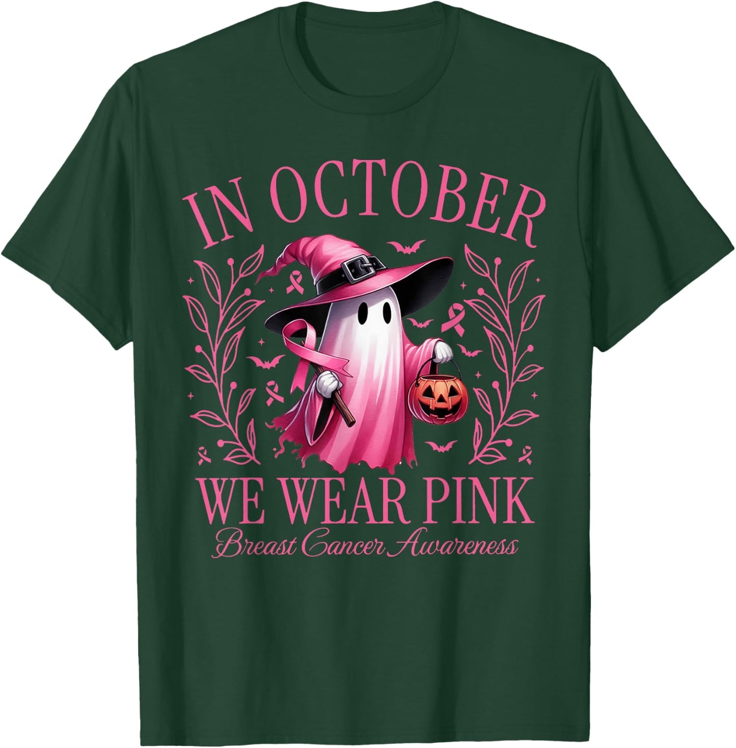 In October We Wear Pink Ghost Witch Breast Cancer Awareness T-Shirt - T-Shirt | Forest