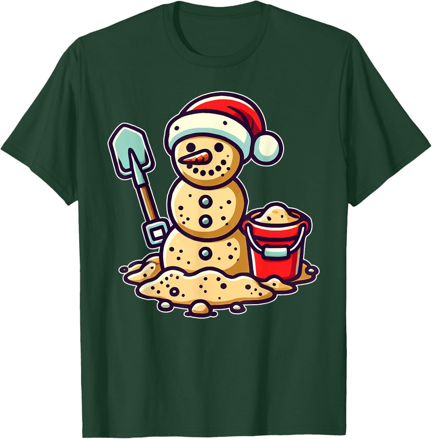 Christmas In July Sand Snowman Santa Hat Shovel Xmas Beach T-Shirt - T-Shirt | Forest