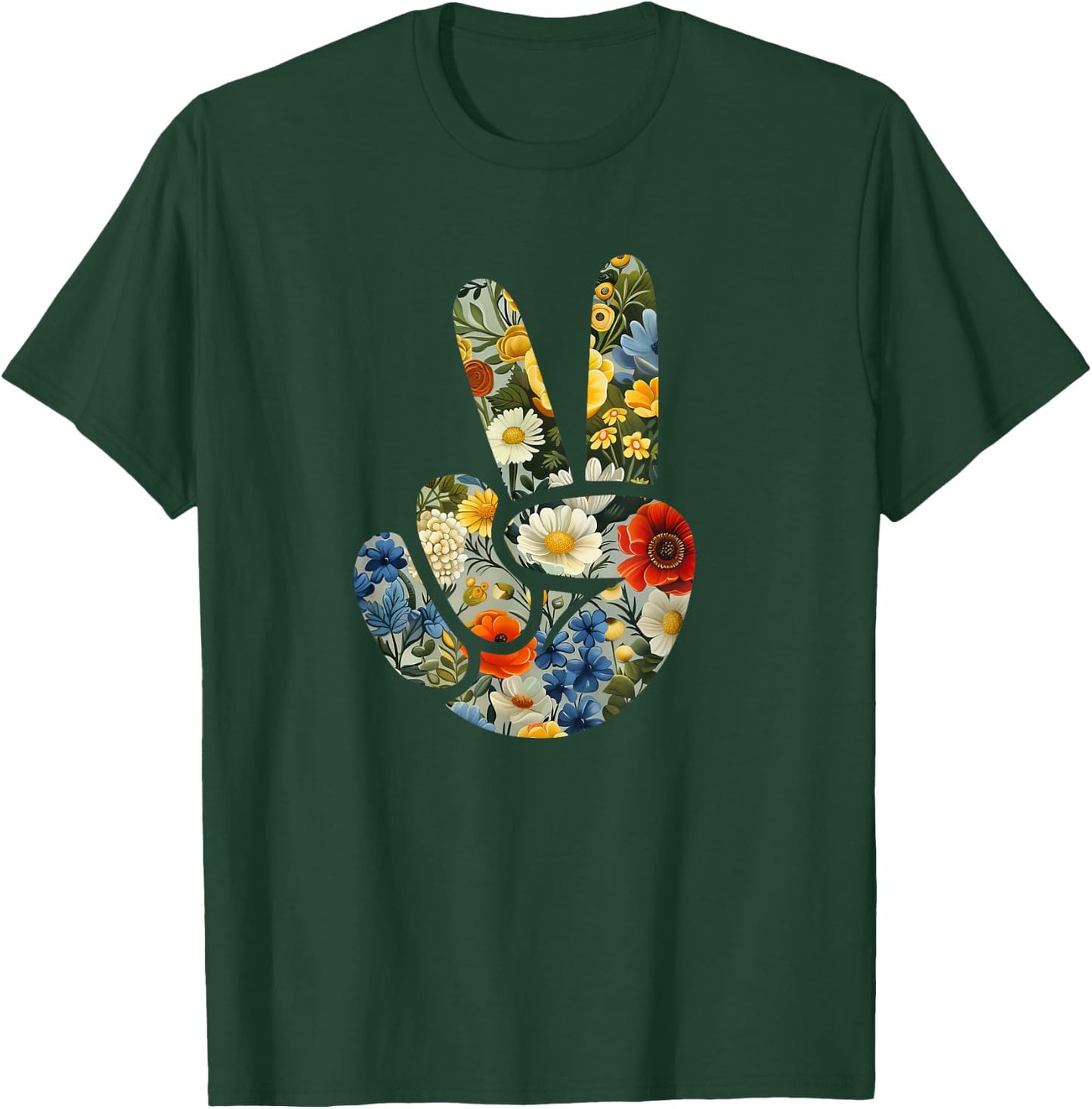 Elegant Silhouette Wildflowers Floral Peace Sign Hand T-Shirt - T-Shirt | Forest