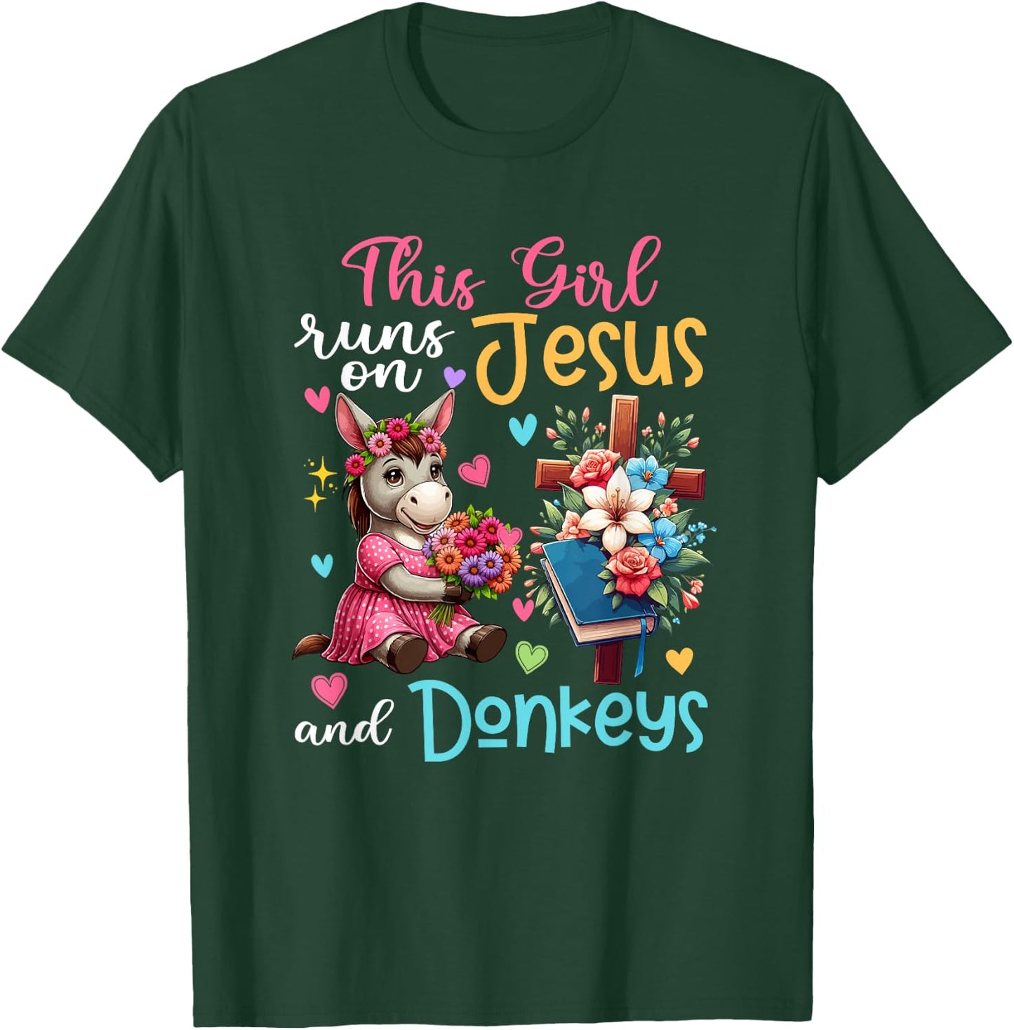 Girl Runs On Jesus And Donkeys Cute Flowers Christian Cross T-Shirt - T-Shirt | Forest